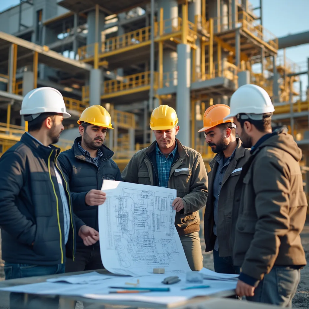 Equipo de ingenieros revisando planos en sitio