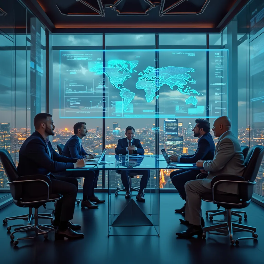 Reunión estratégica con inversores en oficina futurista